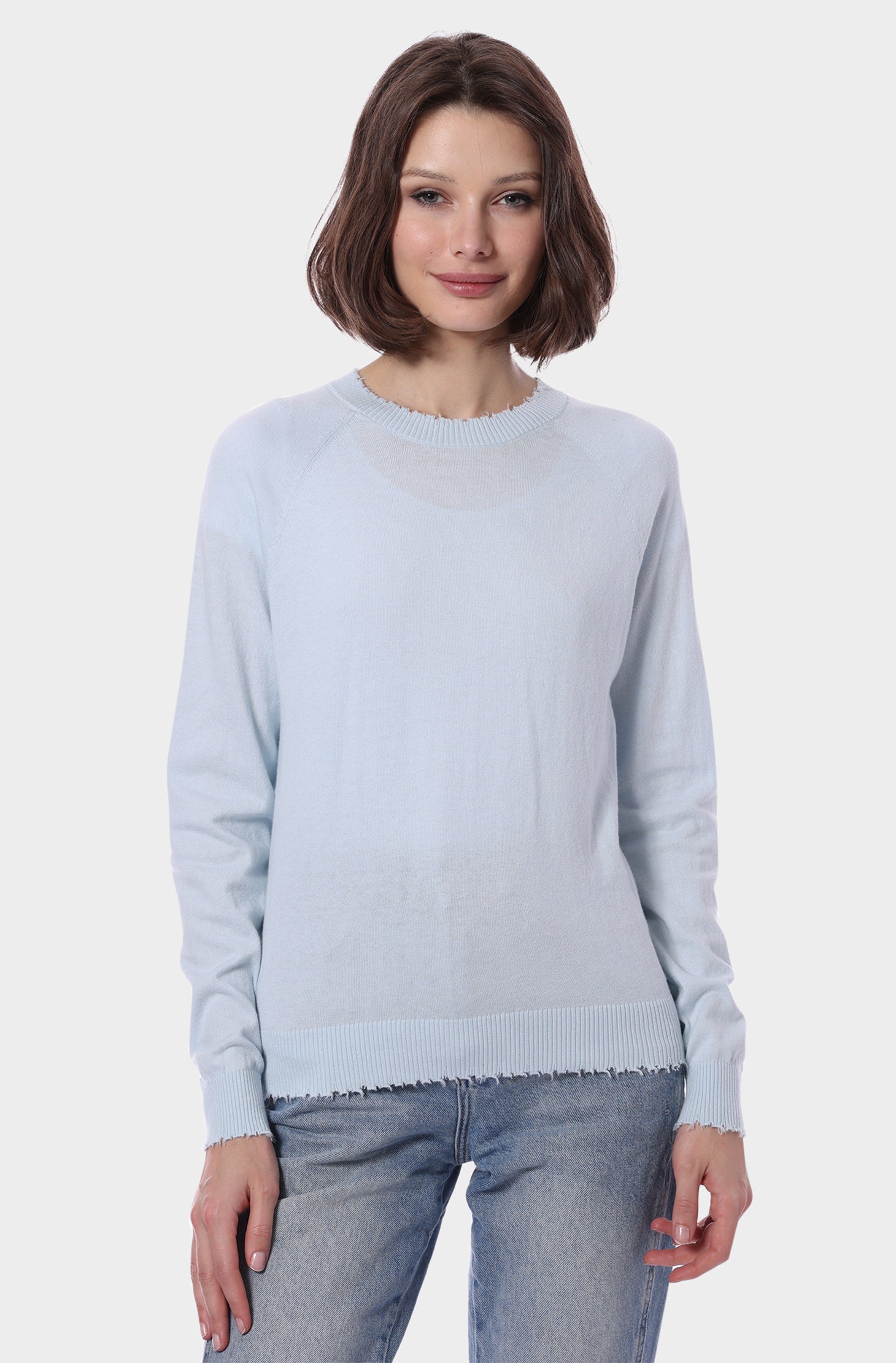 Fine Cotton Cashmere Frayed Edge Crewneck Sweater Minnie Rose