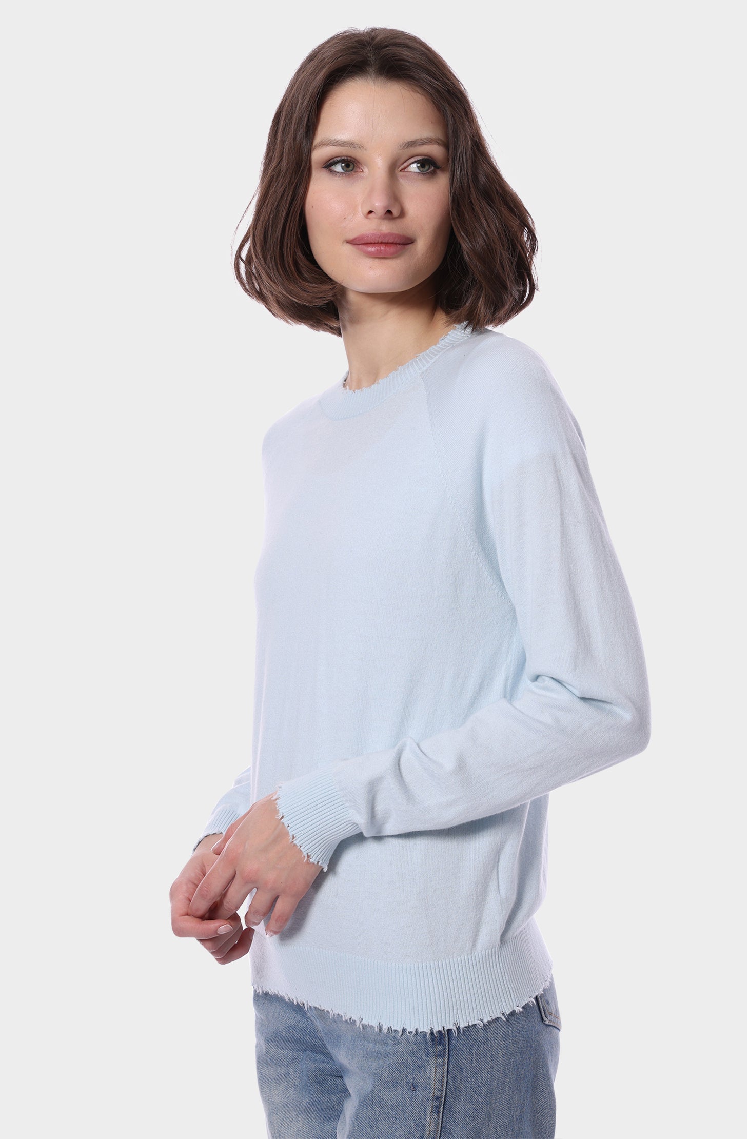 Fine Cotton Cashmere Frayed Edge Crewneck Sweater Minnie Rose