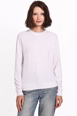 Fine Cotton Cashmere Frayed Edge Crewneck Sweater - White