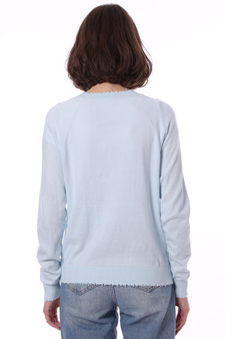 Fine Cotton Cashmere Frayed Edge Crewneck Sweater - Baby Blue