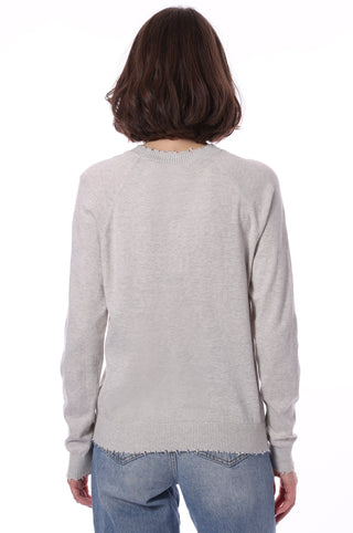 Fine Cotton Cashmere Frayed Edge Crewneck Sweater - Light Heather Grey