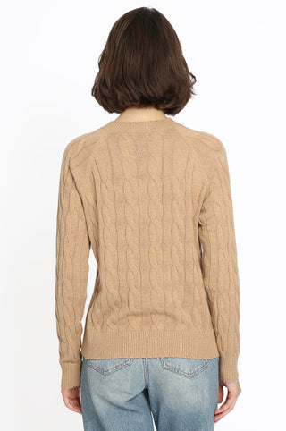 Cotton Cable Long Sleeve Crewneck w/ Frayed Edges- brown sugar