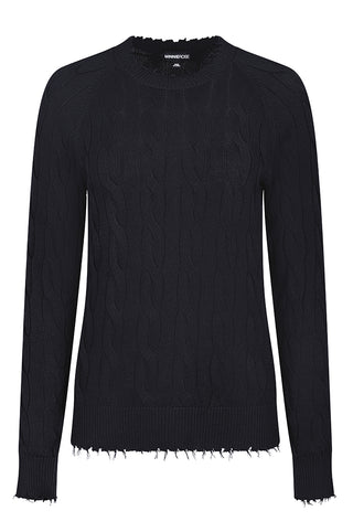 Cotton Cable Long Sleeve Crew w/ Frayed Edges - Black