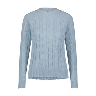 Cotton Cable Long Sleeve Crewneck w/ Frayed Edges- Baby Blue