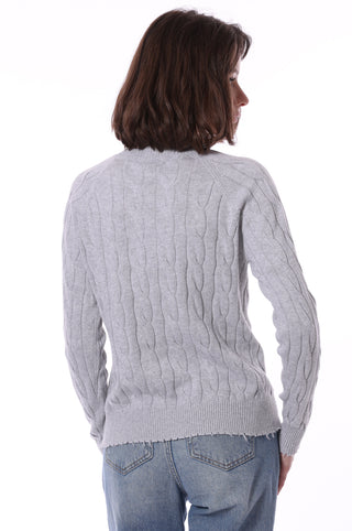 Cotton Cable Long Sleeve Crew w/ Frayed Edges - Light Heather Grey