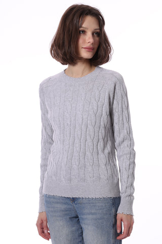 Cotton Cable Long Sleeve Crew w/ Frayed Edges - Light Heather Grey