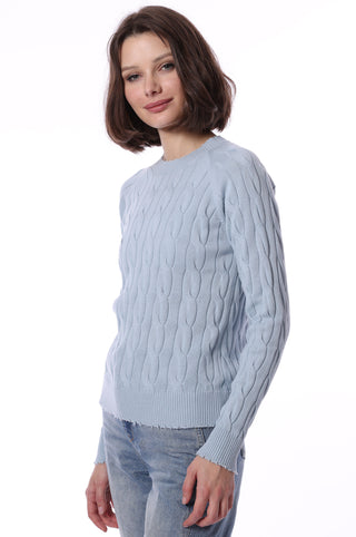 Cotton Cable Long Sleeve Crewneck w/ Frayed Edges- Baby Blue