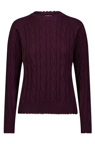 Cotton Cable Long Sleeve Crewneck w/ Frayed Edges- loganberry