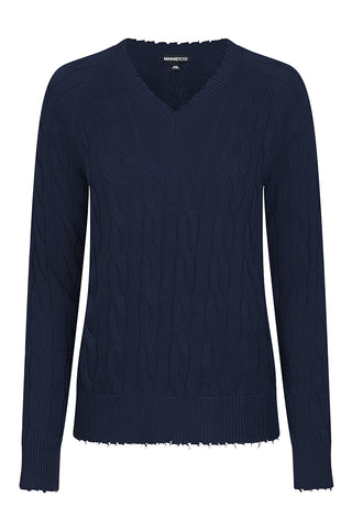 Cotton Cable Long Sleeve V-Neck w/ Frayed Edges- NAVY