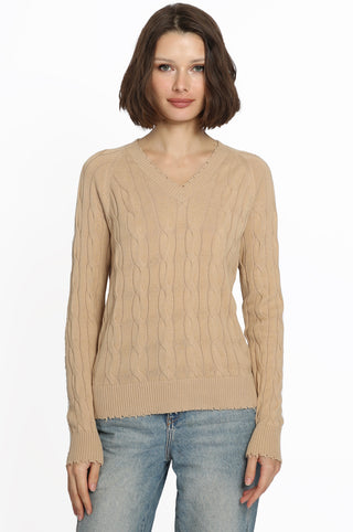 Cotton Cable Long Sleeve V-Neck w/ Frayed Edges- Brown Sugar