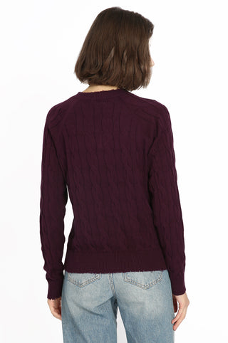 Cotton Cable Long Sleeve V-Neck w/ Frayed Edges- loganberry