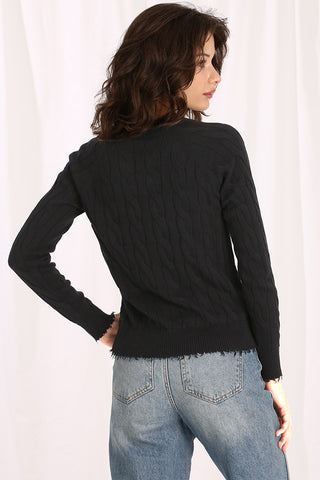 Cotton Cable Long Sleeve V-Neck with Frayed Edges - Black