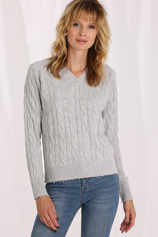 Cotton Cable Long Sleeve V-Neck with Frayed Edges - Light Heather Grey