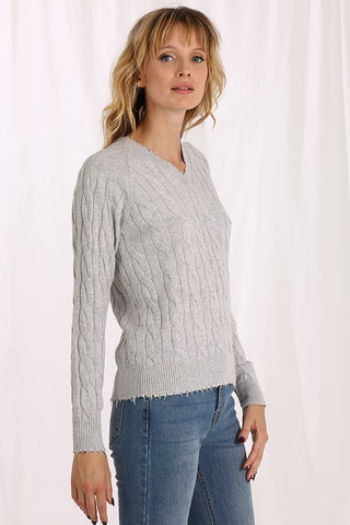 Cotton Cable Long Sleeve V-Neck with Frayed Edges - Light Heather Grey