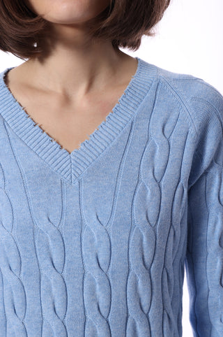 Cotton Cable Long Sleeve V-Neck w/ Frayed Edges- Cameo Blue