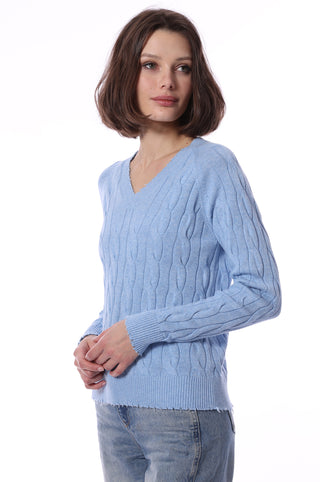 Cotton Cable Long Sleeve V-Neck w/ Frayed Edges- Cameo Blue