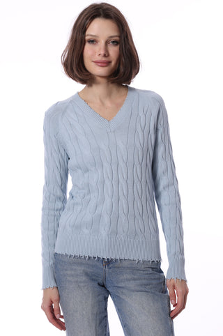 Cotton Cable Long Sleeve V-Neck w/ Frayed Edges- Baby Blue