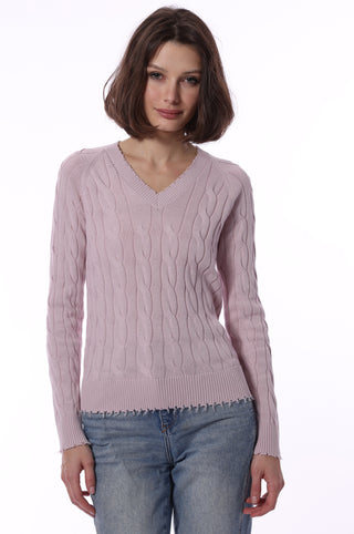 Cotton Cable Long Sleeve V-Neck w/ Frayed Edges- Dior Pink