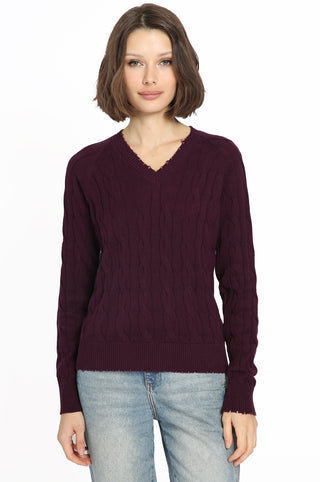 Cotton Cable Long Sleeve V-Neck w/ Frayed Edges- loganberry