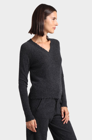 7 Gauge Cashmere Frayed Edge Cropped V Neck