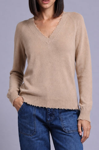 Cotton Cashmere Frayed Edge V Neck
