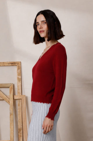 Cotton Cashmere Frayed Edge V Neck