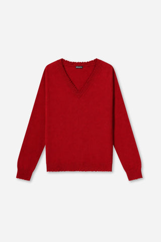 Cotton Cashmere Frayed Edge V Neck