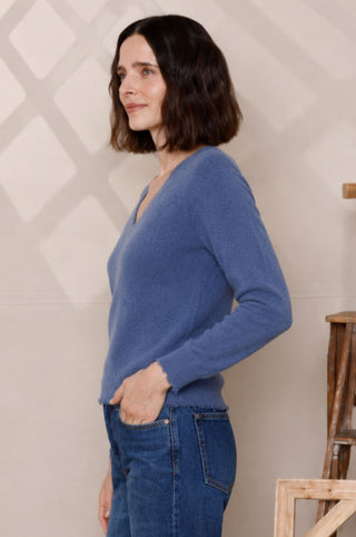 Cotton Cashmere Frayed Edge V Neck
