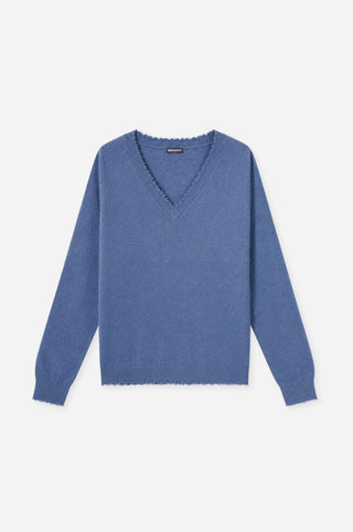 Cotton Cashmere Frayed Edge V Neck