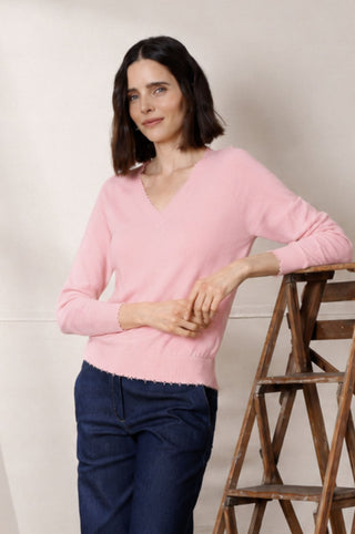 Cotton Cashmere Frayed Edge V Neck