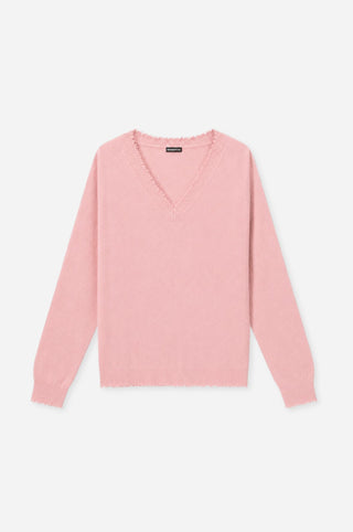 Cotton Cashmere Frayed Edge V Neck