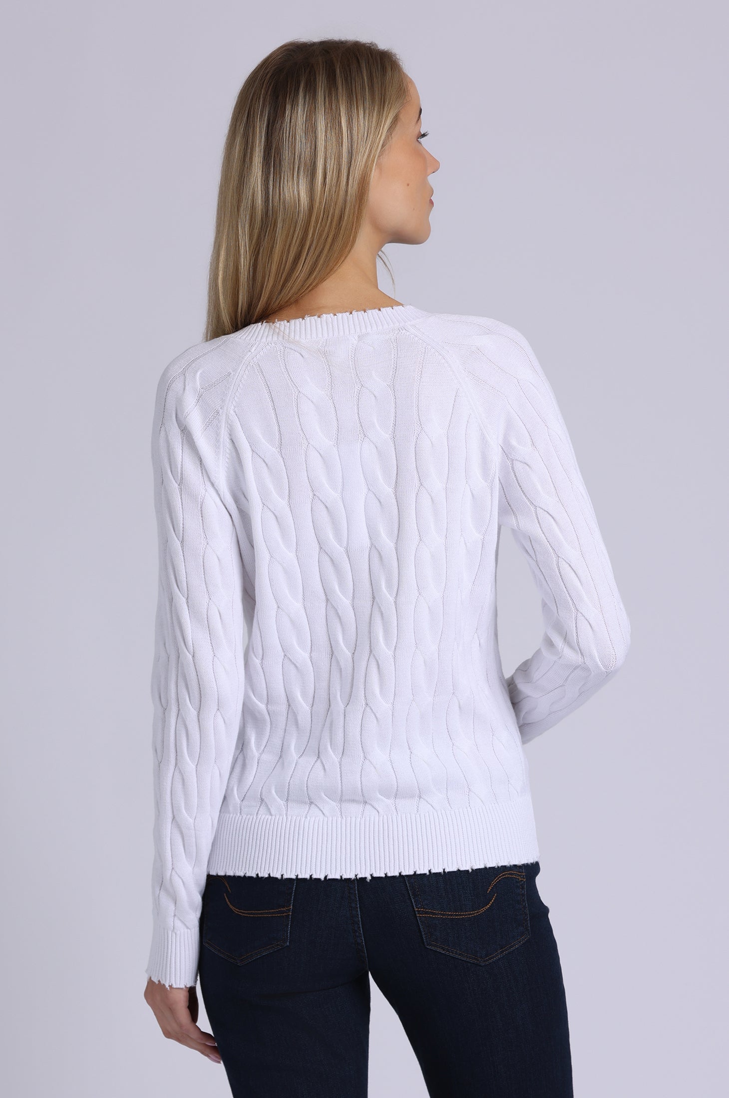 Cotton Cable Long Sleeve V Neck with Frayed Edges – Minnie Rose