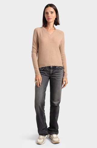 7 Gauge Cashmere Frayed Edge Cropped V Neck