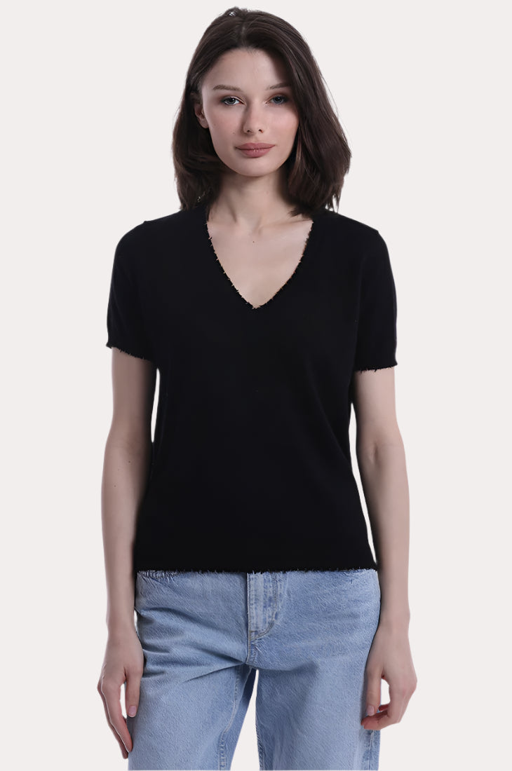 Cotton Cashmere Frayed V Tee