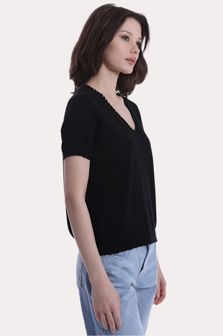 Cotton Cashmere Frayed V Tee