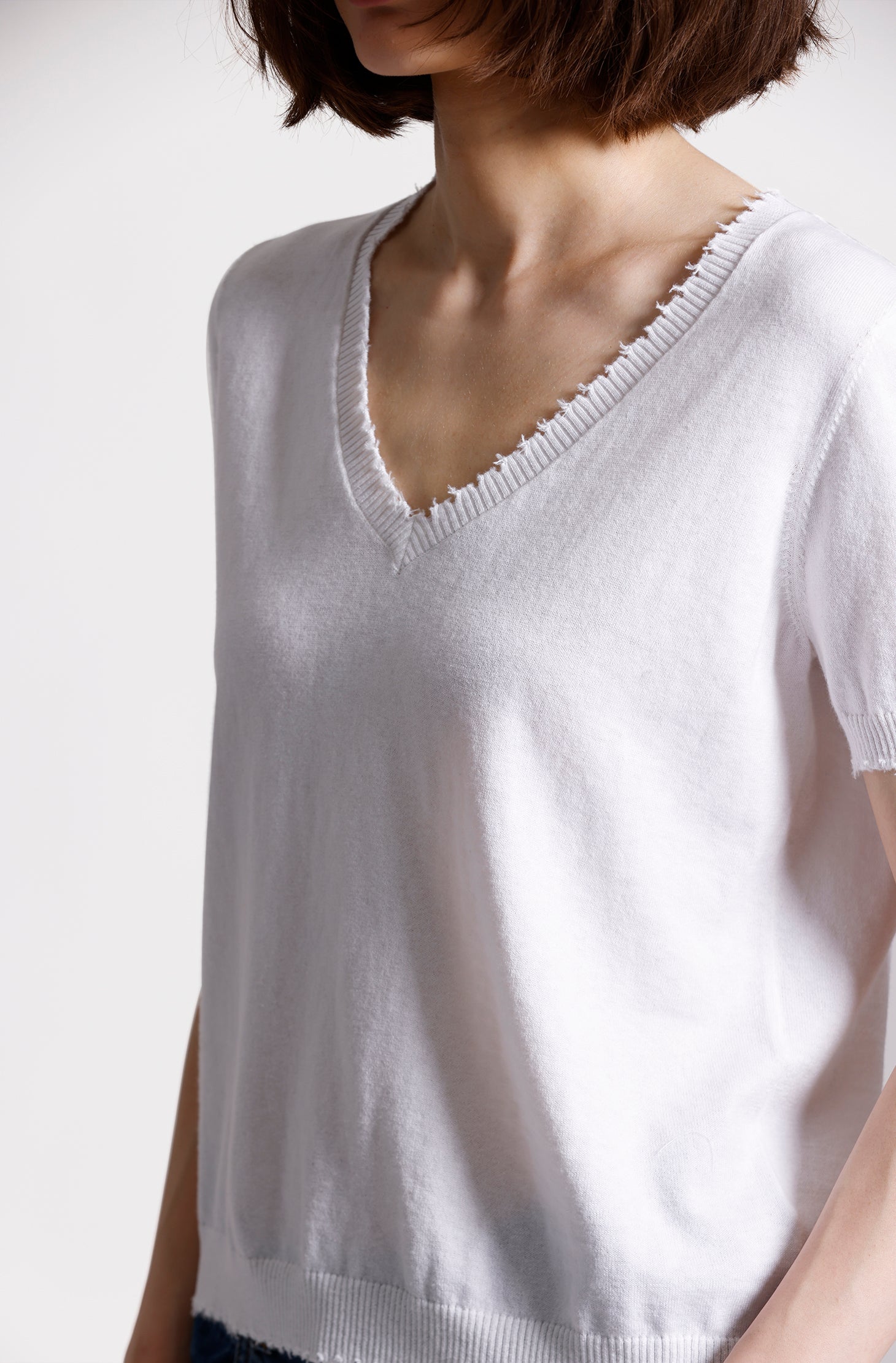 Cotton Cashmere Frayed V Tee