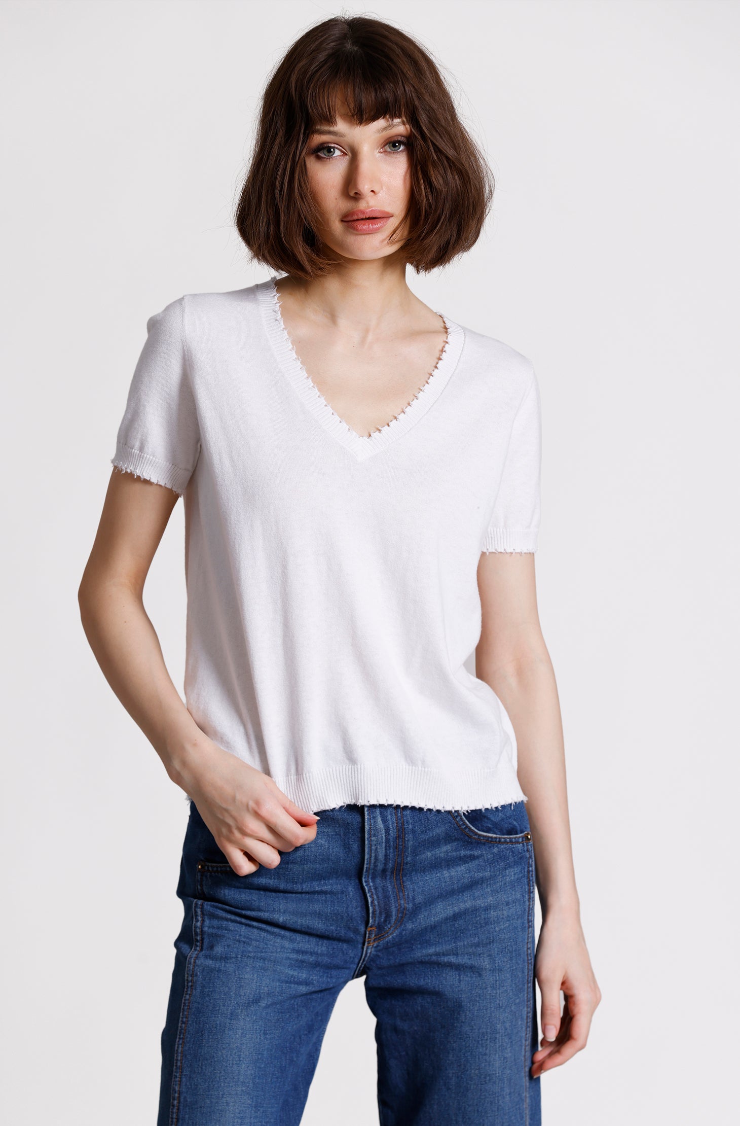 Cotton Cashmere Frayed V Tee