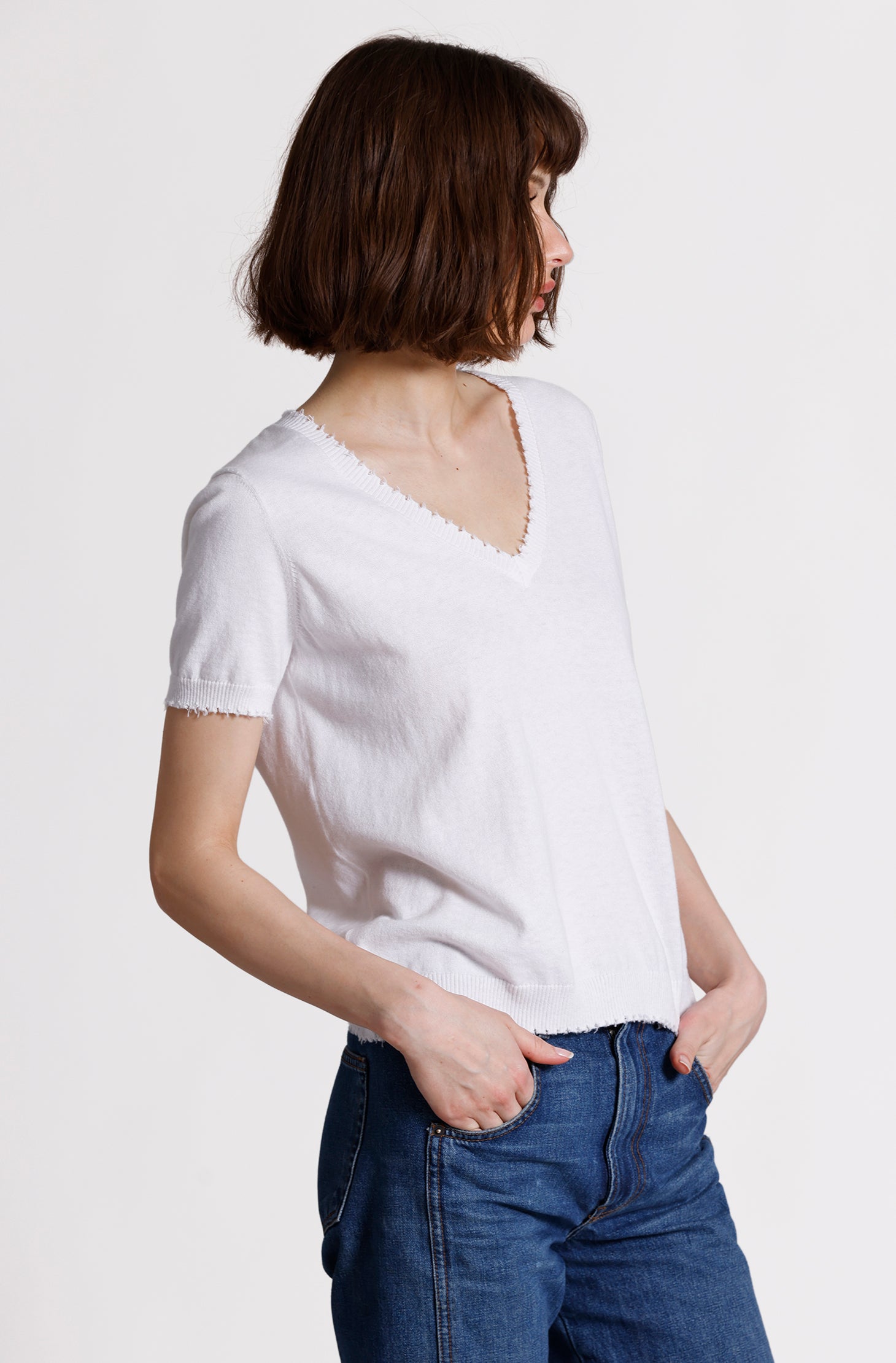 Cotton Cashmere Frayed V Tee