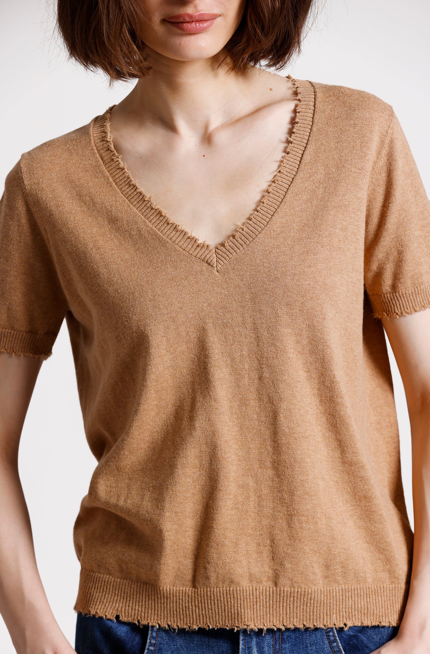 Cotton Cashmere Frayed V Tee