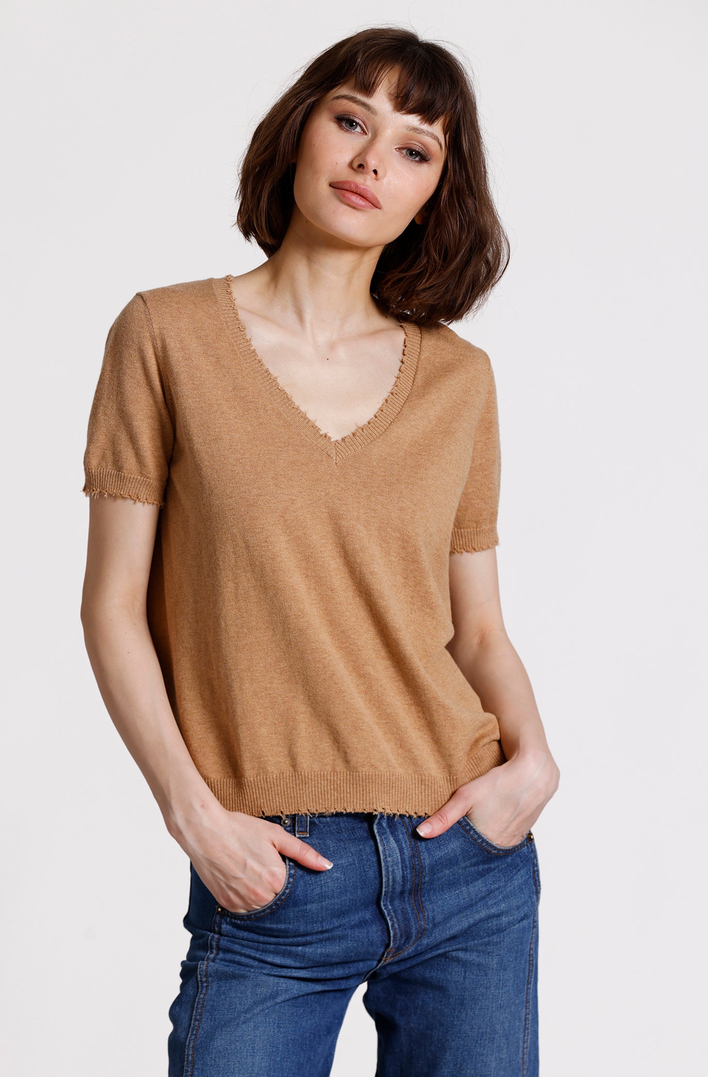 Cotton Cashmere Frayed V Tee