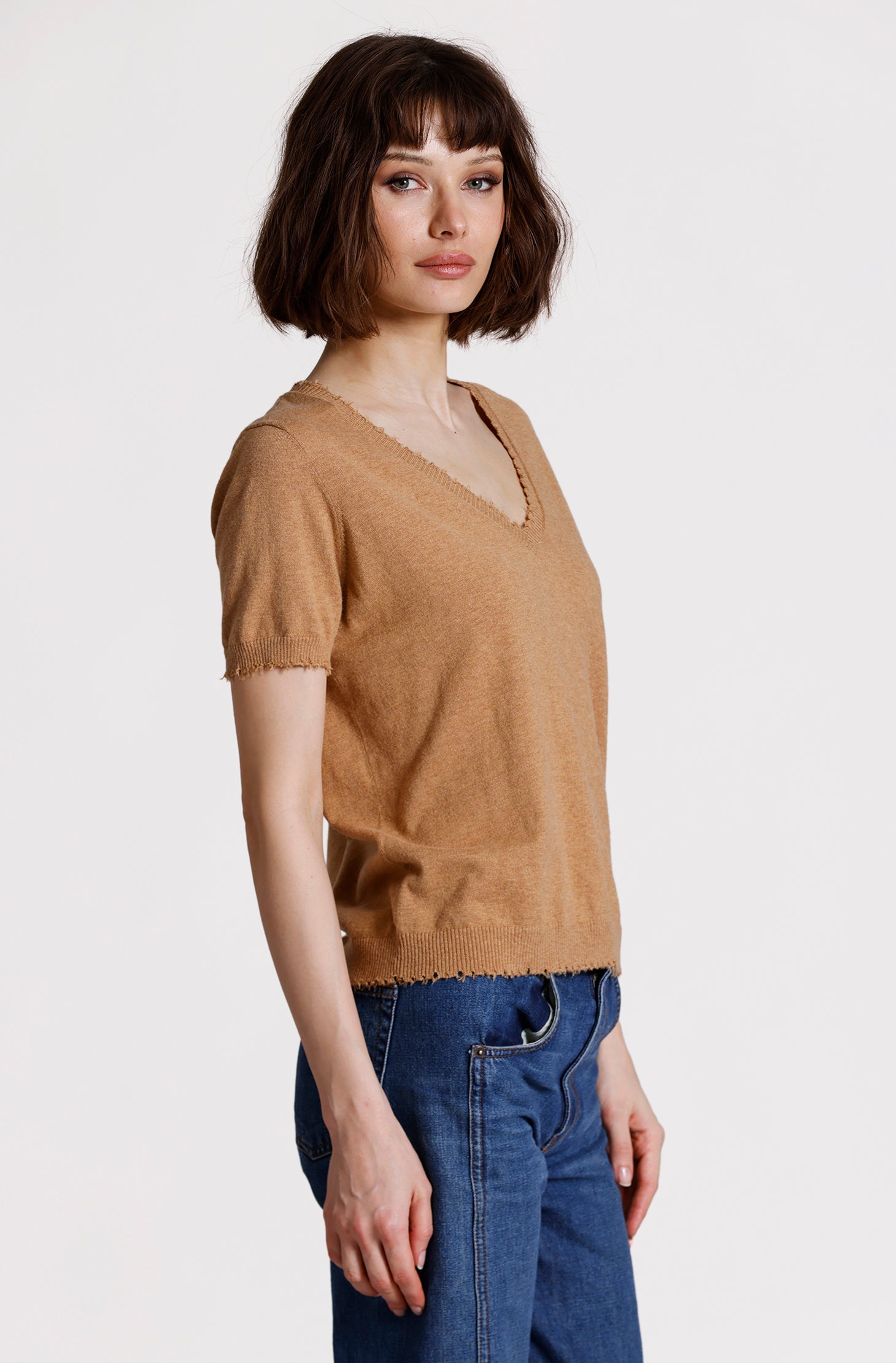 Cotton Cashmere Frayed V Tee
