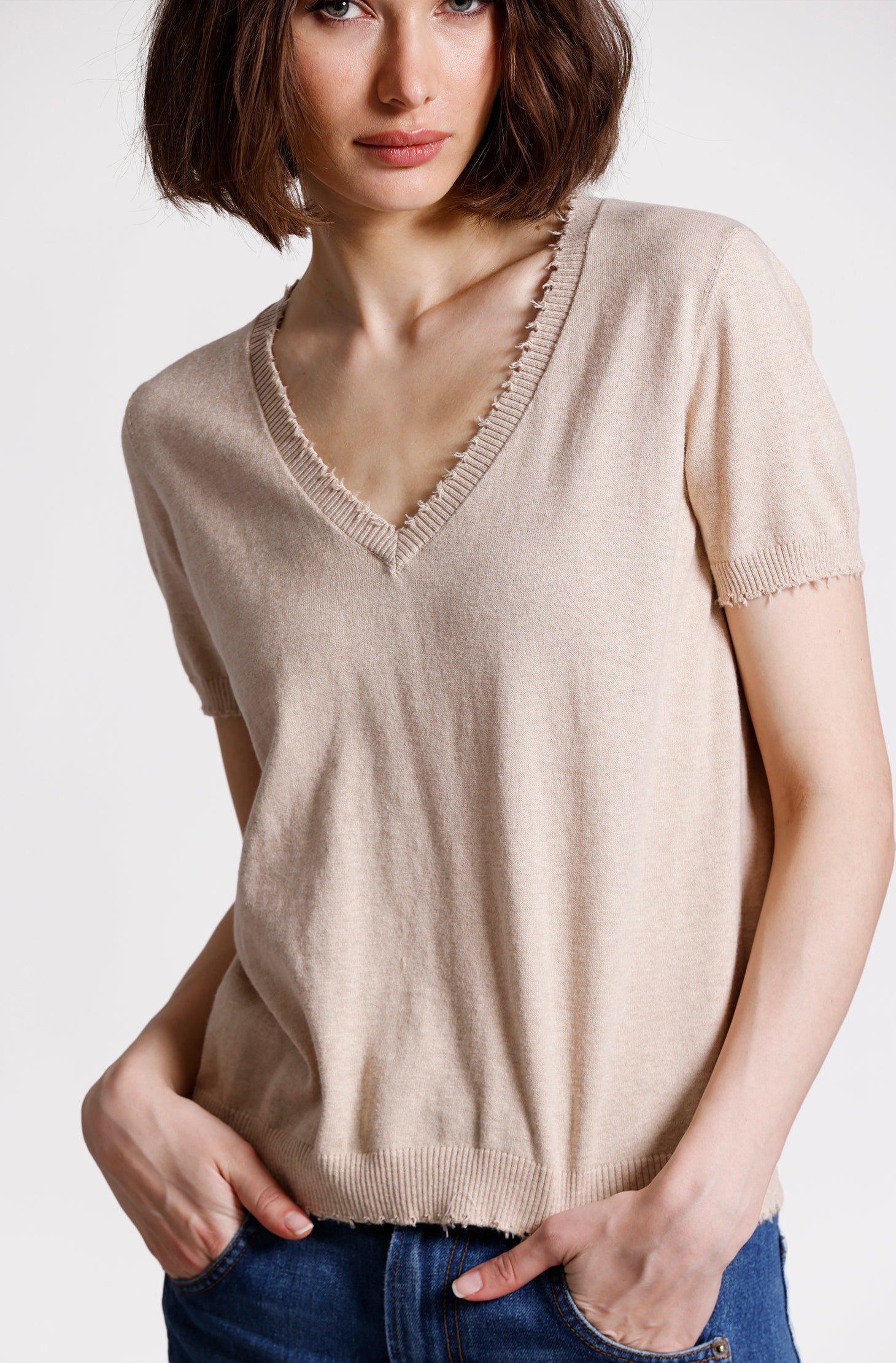 Cotton Cashmere Frayed V Tee