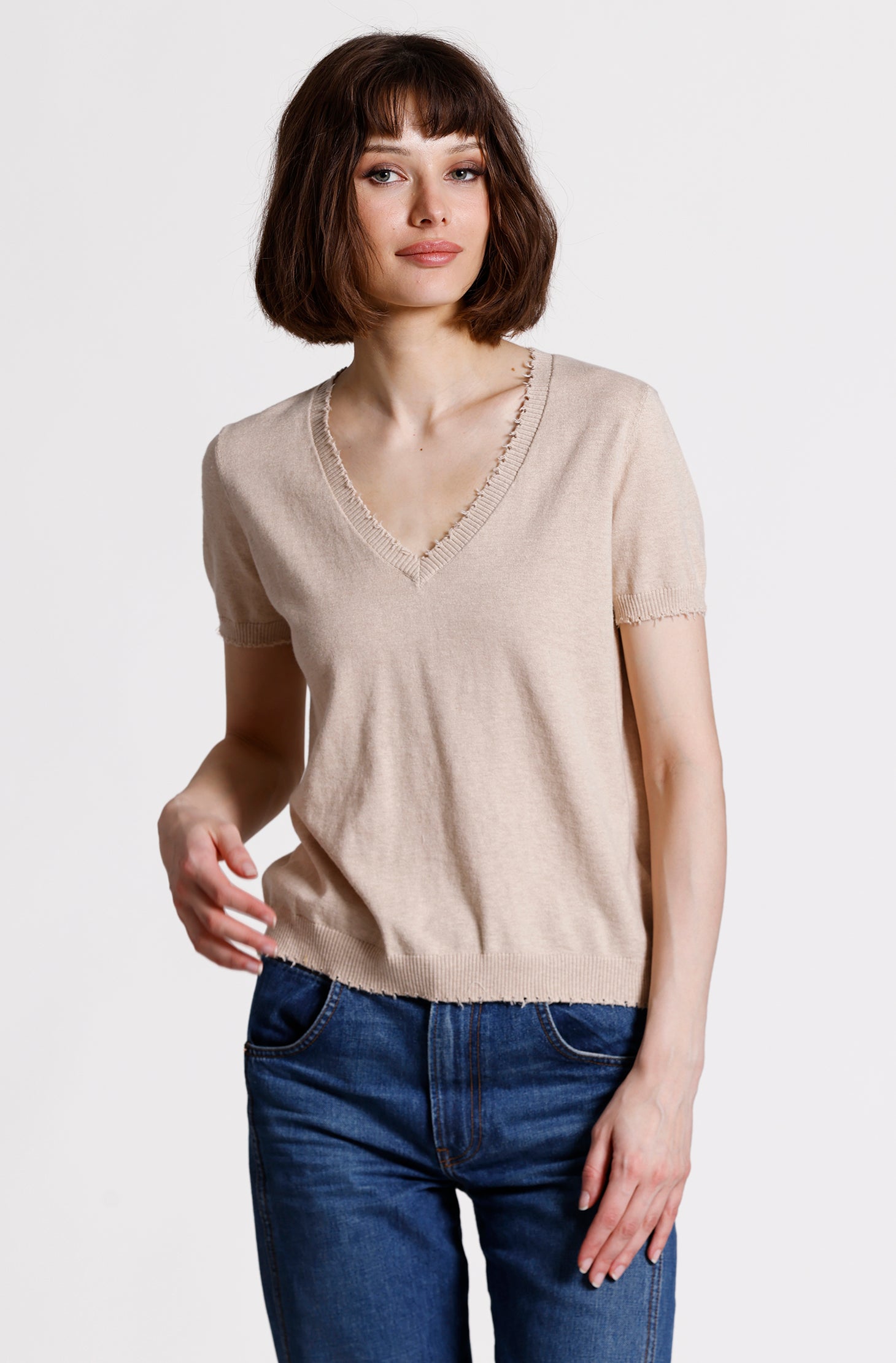 Cotton Cashmere Frayed V Tee