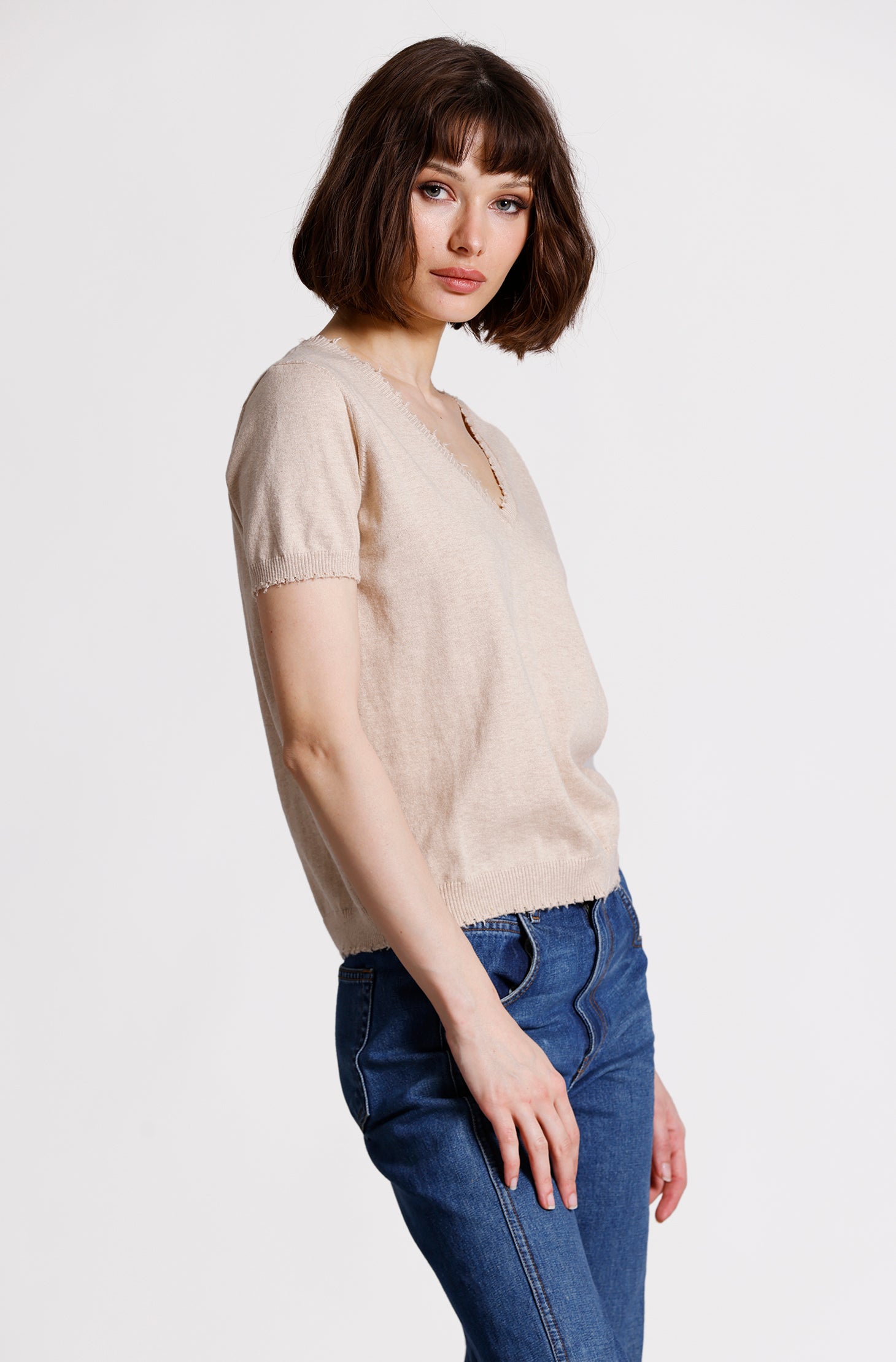 Cotton Cashmere Frayed V Tee