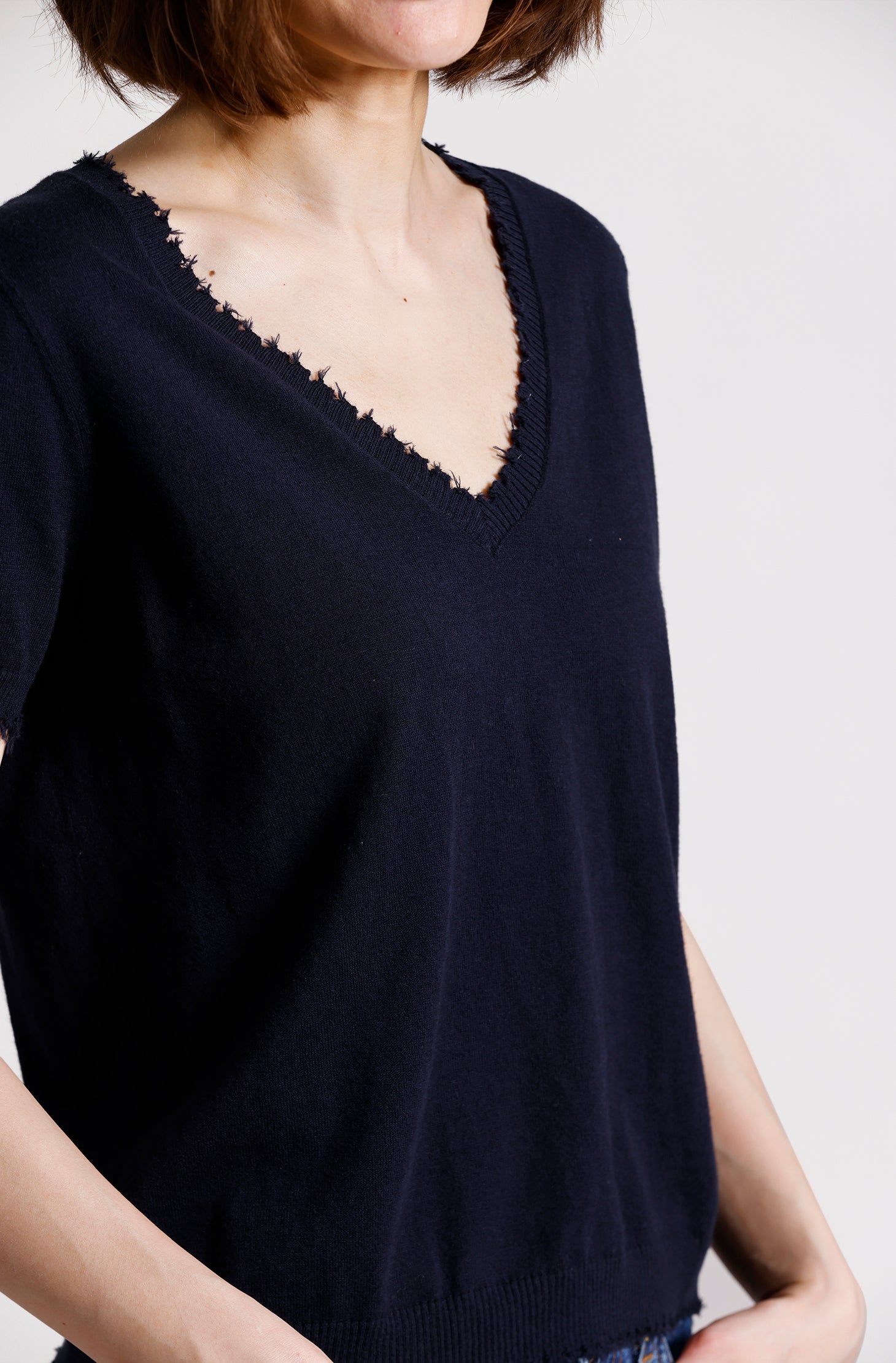 Cotton Cashmere Frayed V Tee