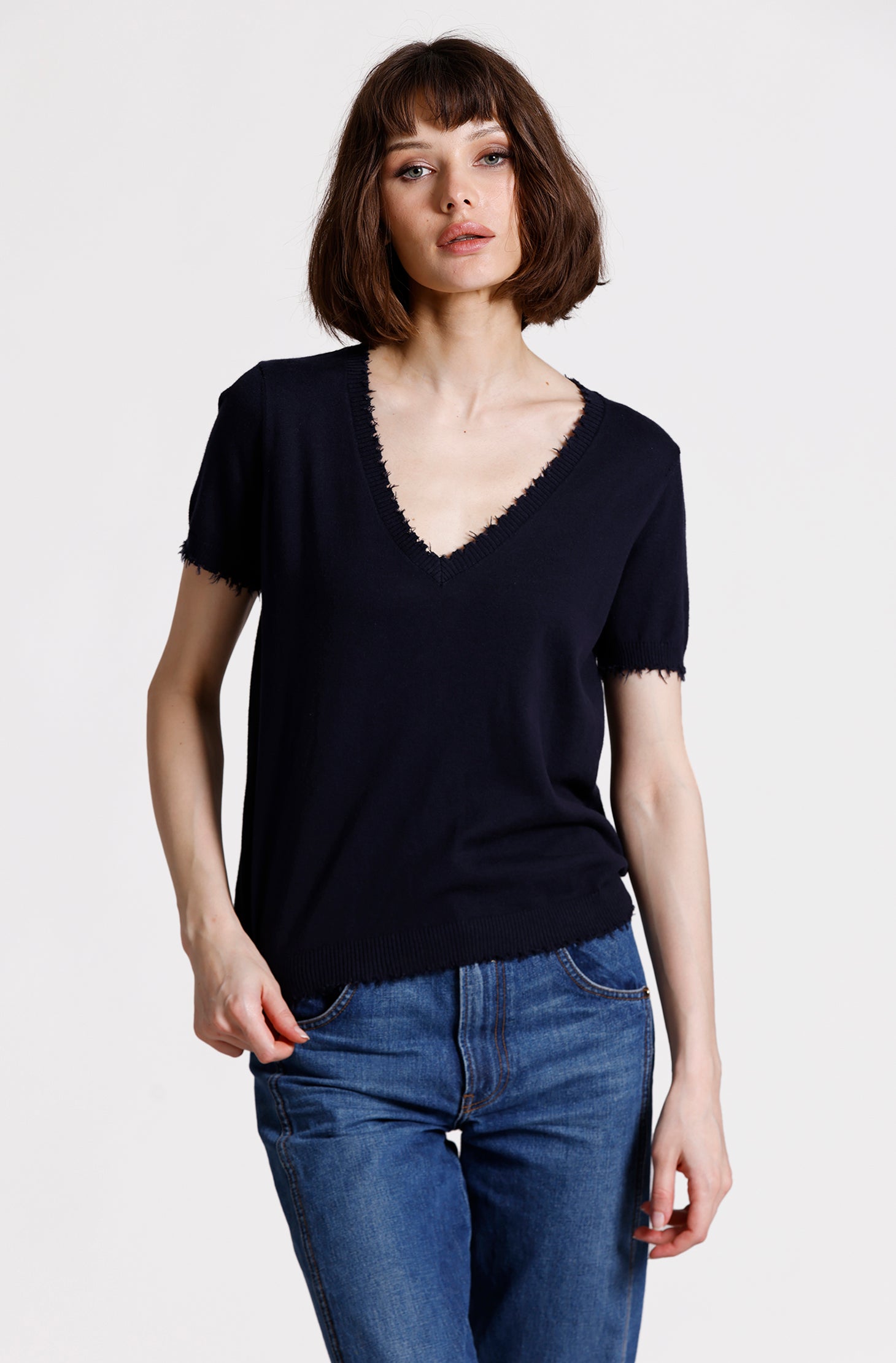 Cotton Cashmere Frayed V Tee
