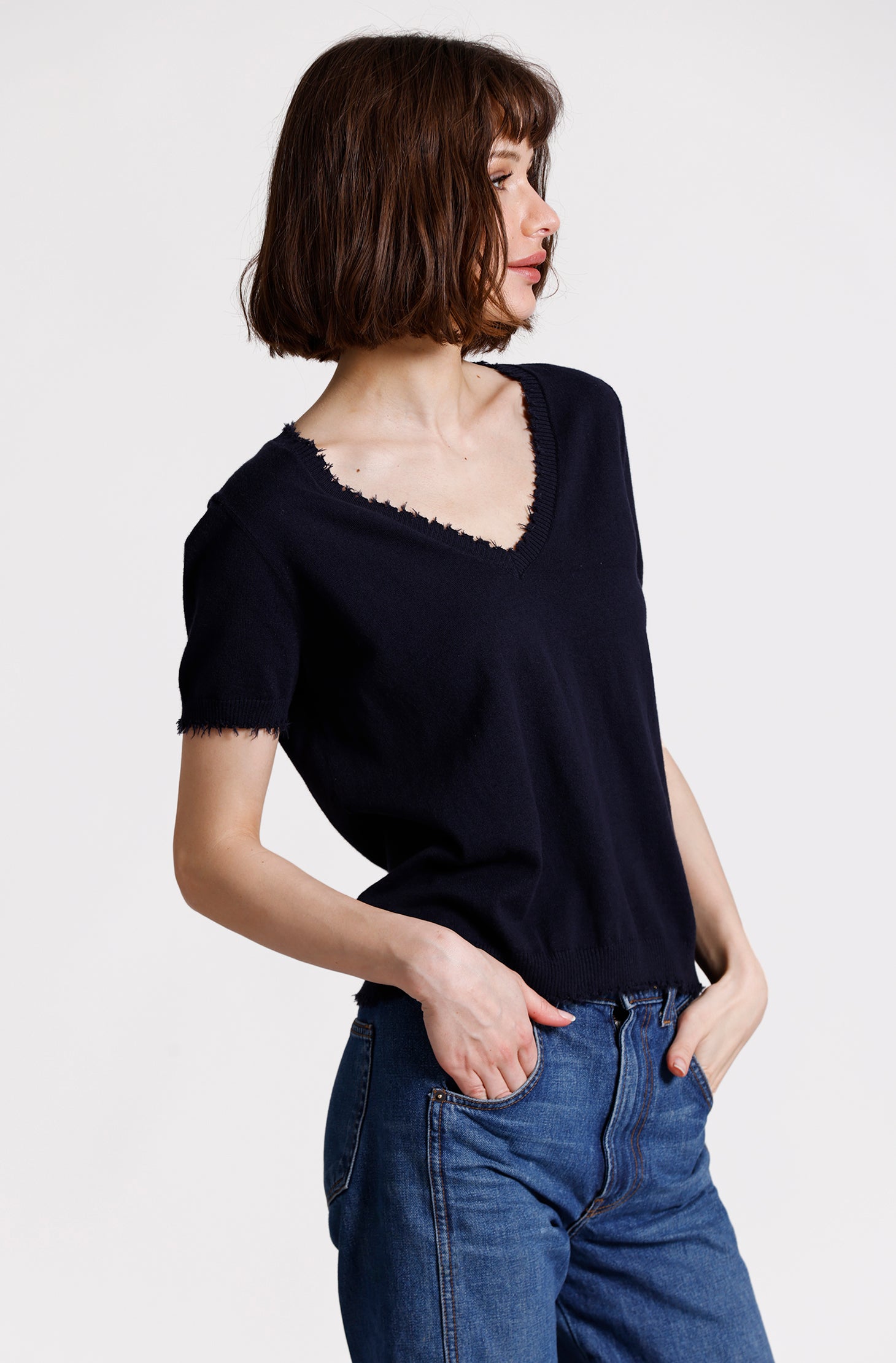 Cotton Cashmere Frayed V Tee