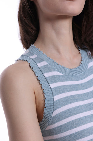Blue and white stripe tank with frayed edges close up view