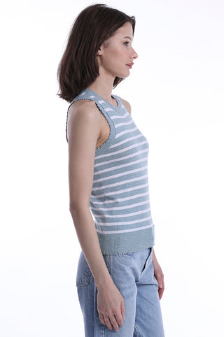 Blue and white stripe tank with frayed edges side view