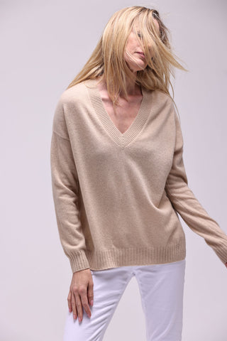 Cashmere Long and Lean V-Neck Sweater- Ecru